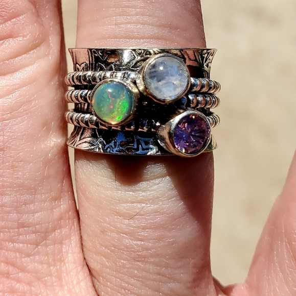 New Ethiopian Opal Multi Gemstone 925 Silver Spinner Meditation Ring. - Picture 8 of 13